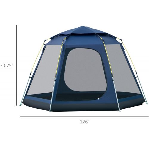  Outsunny 6 Person Pop Up Hexagon Camping Tent, Easy Set-up Backpacking Family Tent with Rain Cover 4 Windows 2 Doors Carry Bag for Hiking, Dark Blue