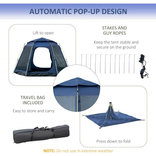  Outsunny 6 Person Pop Up Hexagon Camping Tent, Easy Set-up Backpacking Family Tent with Rain Cover 4 Windows 2 Doors Carry Bag for Hiking, Dark Blue