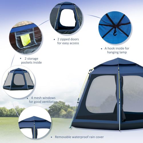  Outsunny 6 Person Pop Up Hexagon Camping Tent, Easy Set-up Backpacking Family Tent with Rain Cover 4 Windows 2 Doors Carry Bag for Hiking, Dark Blue