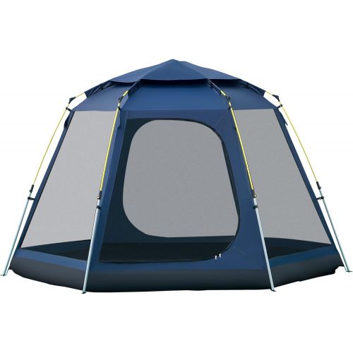  Outsunny 6 Person Pop Up Hexagon Camping Tent, Easy Set-up Backpacking Family Tent with Rain Cover 4 Windows 2 Doors Carry Bag for Hiking, Dark Blue