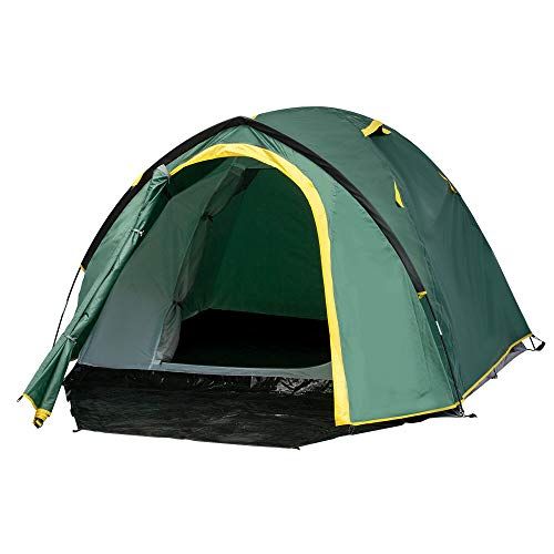  Outsunny 3-Person Camping Tent Backpacking Tent with Vestibule Area, Water-Fighting Polyester Rain Cover, & Mesh Windows, Yellow