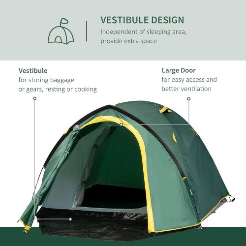  Outsunny 3-Person Camping Tent Backpacking Tent with Vestibule Area, Water-Fighting Polyester Rain Cover, & Mesh Windows, Yellow