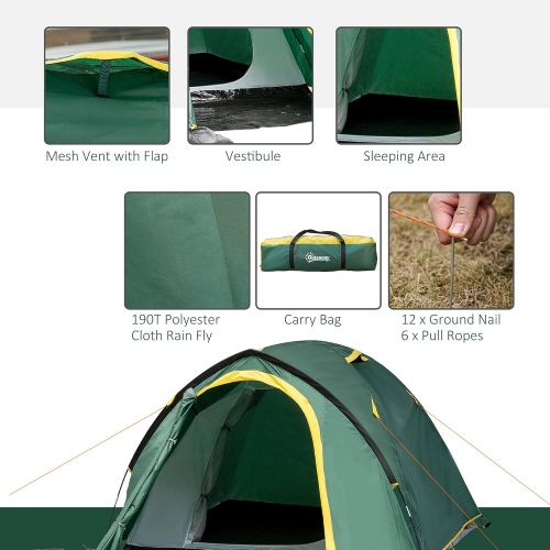  Outsunny 3-Person Camping Tent Backpacking Tent with Vestibule Area, Water-Fighting Polyester Rain Cover, & Mesh Windows, Yellow