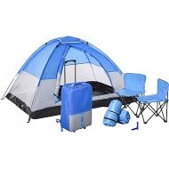 Outsunny Kids Camping Tent with Chairs, Sleeping Bags, Flashlights, Trolley Case, 69 L 53.25 W 37.5 H, Blue/Grey