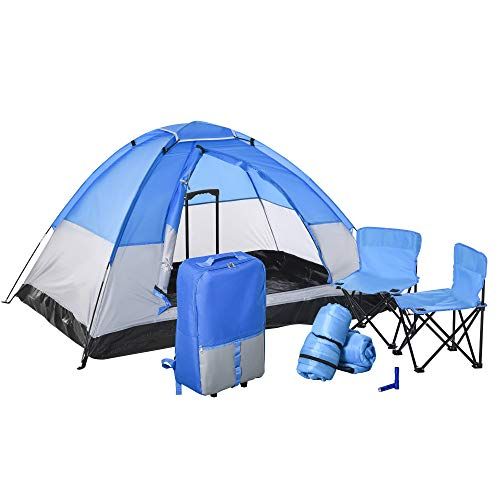  Outsunny Kids Camping Tent with Chairs, Sleeping Bags, Flashlights, Trolley Case, 69 L 53.25 W 37.5 H, Blue/Grey