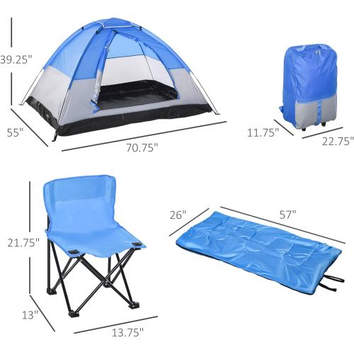  Outsunny Kids Camping Tent with Chairs, Sleeping Bags, Flashlights, Trolley Case, 69 L 53.25 W 37.5 H, Blue/Grey