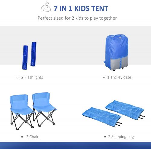  Outsunny Kids Camping Tent with Chairs, Sleeping Bags, Flashlights, Trolley Case, 69 L 53.25 W 37.5 H, Blue/Grey
