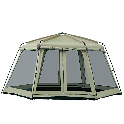  Outsunny 8-10 Person Camping Tent, Waterproof Fabric, Wind Resistant Hexagon Design, Family Party Sized, Mesh, for Hiking, Backpacking, Hunting, Fishing - Army Green