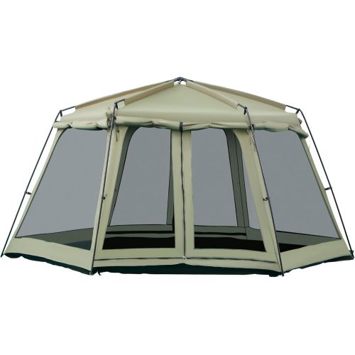  Outsunny 8-10 Person Camping Tent, Waterproof Fabric, Wind Resistant Hexagon Design, Family Party Sized, Mesh, for Hiking, Backpacking, Hunting, Fishing - Army Green