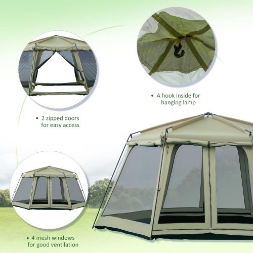  Outsunny 8-10 Person Camping Tent, Waterproof Fabric, Wind Resistant Hexagon Design, Family Party Sized, Mesh, for Hiking, Backpacking, Hunting, Fishing - Army Green