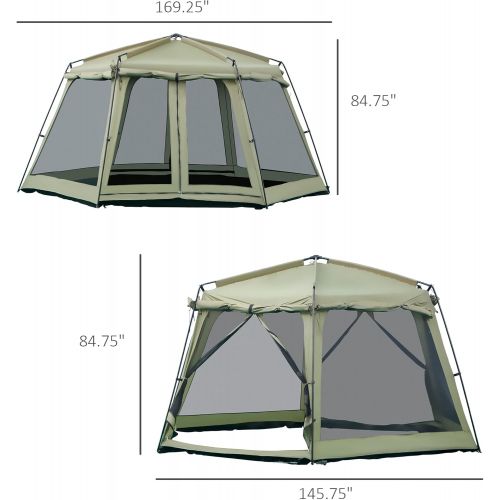  Outsunny 8-10 Person Camping Tent, Waterproof Fabric, Wind Resistant Hexagon Design, Family Party Sized, Mesh, for Hiking, Backpacking, Hunting, Fishing - Army Green