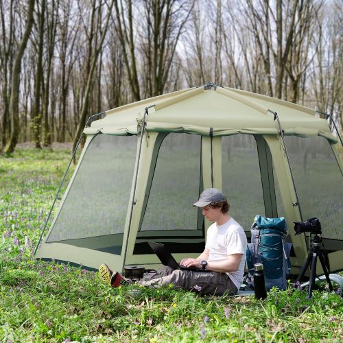 Outsunny 8-10 Person Camping Tent, Waterproof Fabric, Wind Resistant Hexagon Design, Family Party Sized, Mesh, for Hiking, Backpacking, Hunting, Fishing - Army Green