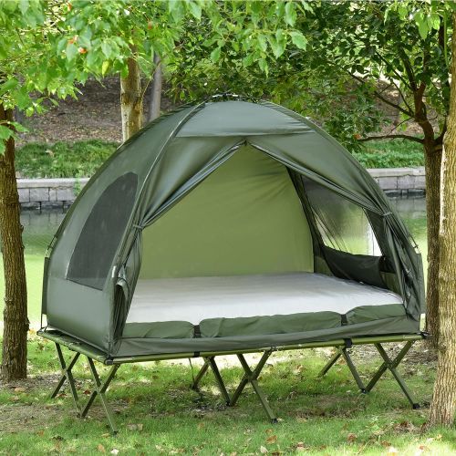  Outsunny Extra Large Compact Pop Up Portable Folding Outdoor Elevated All in One Camping Cot Tent Combo Set