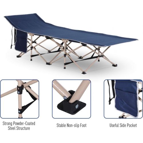  Outsunny Folding Camping Cots for Adults with Carry Bags, Side Pockets, Outdoor Portable Sleeping Bed for Travel Camp Vocation, Blue