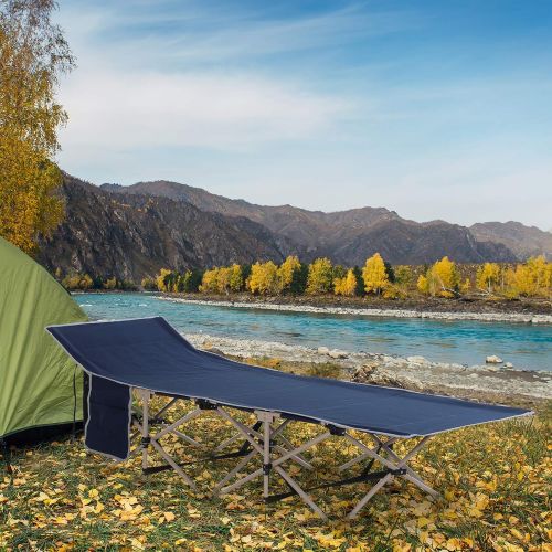  Outsunny Folding Camping Cots for Adults with Carry Bags, Side Pockets, Outdoor Portable Sleeping Bed for Travel Camp Vocation, Blue