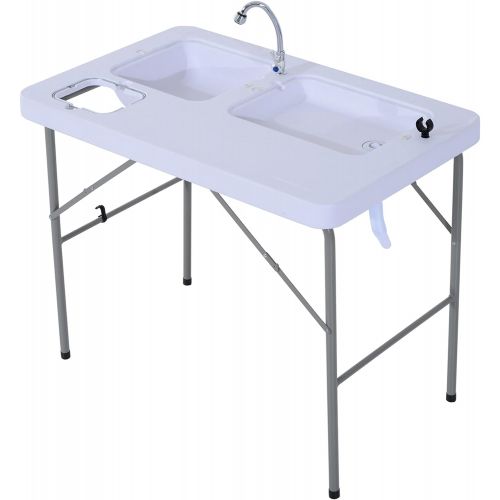 Outsunny Portable Folding Camping Sink Table with Faucet and Dual Water Basins, Outdoor Fish Table Sink, 40