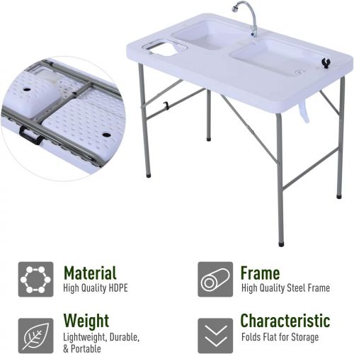  Outsunny Portable Folding Camping Sink Table with Faucet and Dual Water Basins, Outdoor Fish Table Sink, 40