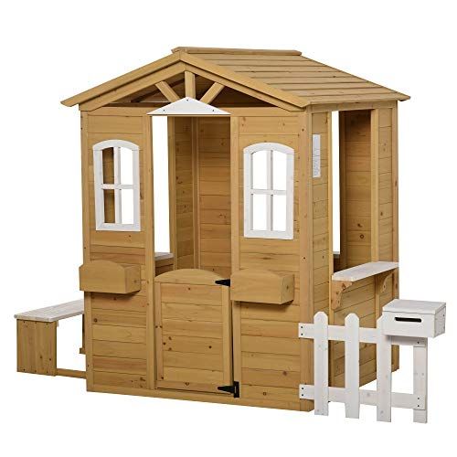  Outsunny Outdoor Playhouse for Kids Wooden Cottage with Working Doors Windows & Mailbox, Pretend Play House for Age 3-6 Years