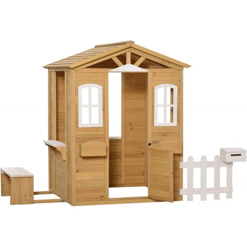  Outsunny Outdoor Playhouse for Kids Wooden Cottage with Working Doors Windows & Mailbox, Pretend Play House for Age 3-6 Years