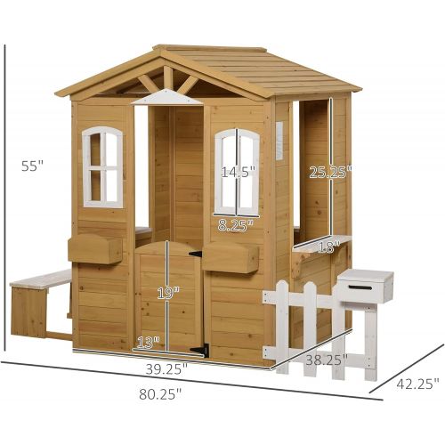  Outsunny Outdoor Playhouse for Kids Wooden Cottage with Working Doors Windows & Mailbox, Pretend Play House for Age 3-6 Years