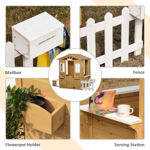 Outsunny Outdoor Playhouse for Kids Wooden Cottage with Working Doors Windows & Mailbox, Pretend Play House for Age 3-6 Years