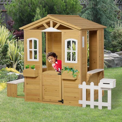  Outsunny Outdoor Playhouse for Kids Wooden Cottage with Working Doors Windows & Mailbox, Pretend Play House for Age 3-6 Years