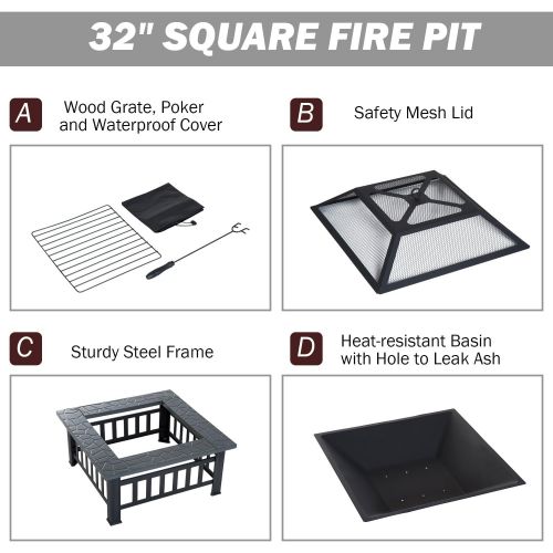  Outsunny 32 Metal Square Outdoor Patio Backyard Fire Pit with Cover