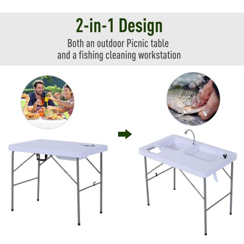  Outsunny GJH One Fish Cleaning Table Portable Folding Faucet Sink Outdoor Camping Kitchen 39.8x26.0x31.9