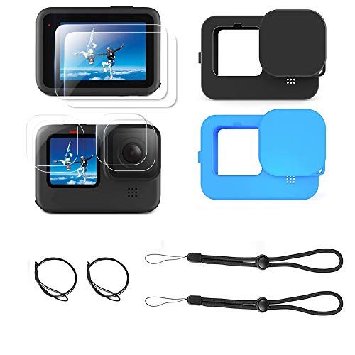  Ouxunus Accessories Kit for GoPro Hero 10/9, Upgraded Silicone Sleeve Protective Case (Black and Blue) + 6PCS Tempered Glass Screen Protector + Rubber Lens Cover Caps (Black and Bl