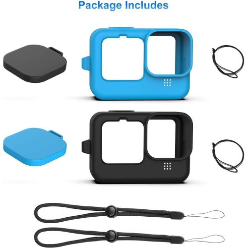  Ouxunus Accessories Kit for GoPro Hero 10/9, Upgraded Silicone Sleeve Protective Case (Black and Blue) + 6PCS Tempered Glass Screen Protector + Rubber Lens Cover Caps (Black and Bl