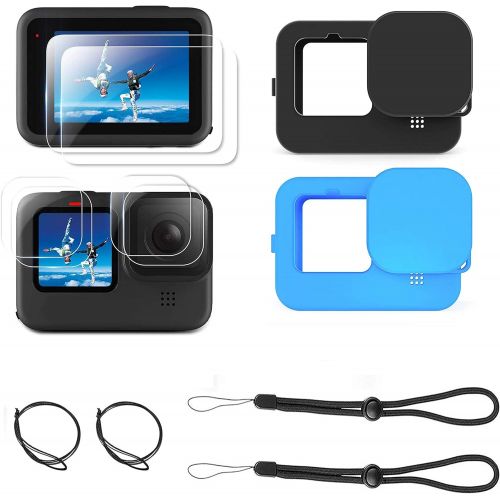  Ouxunus Accessories Kit for GoPro Hero 10/9, Upgraded Silicone Sleeve Protective Case (Black and Blue) + 6PCS Tempered Glass Screen Protector + Rubber Lens Cover Caps (Black and Bl