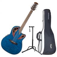 Ovation CE44P-8TQ Celebrity Elite Plus Mid-Depth Transparent Blue Quilt AE Guitar with Gig Bag, Stand, and Tuner