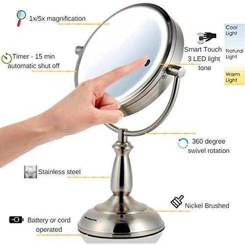  Ovente 7.5 Lighted Tabletop Mirror, SmartTouch Cool, Warm, Daylight LED Tones (1X5X, Brushed)