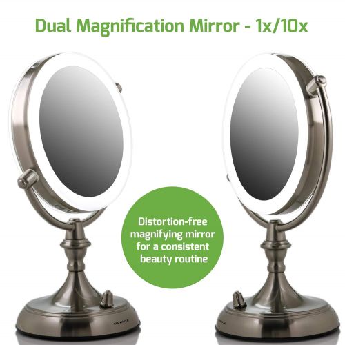  Ovente LED Lighted Tabletop Makeup Mirror, 1x/10x Magnification, 7.5, Nickel Brushed (MGT75BR)