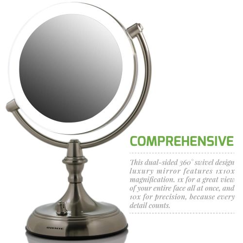  Ovente LED Lighted Tabletop Makeup Mirror, 1x/10x Magnification, 7.5, Nickel Brushed (MGT75BR)