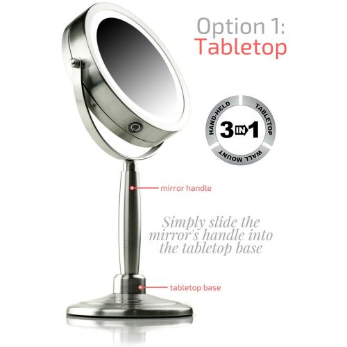  Ovente 7 Inch LED Lighted 3-in-1 Makeup Mirror (Tabletop, Wall Mount, Handheld)  Cordless  SmartTouch 3 Light Tones (Cool, Warm, Natural)  1x/8x Magnification  Brushed (MFM70BR