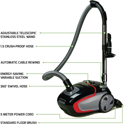  [아마존베스트]Ovente Electric Bagged Lightweight Canister Vacuum Cleaner with 2 Speed Control & HEPA Filter, Powerful Portable Suction Machine with 3 Cleaning Attachments for Hard Floor and Carp