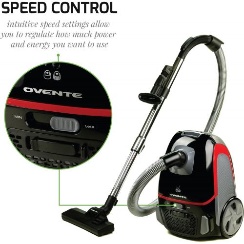  [아마존베스트]Ovente Electric Bagged Lightweight Canister Vacuum Cleaner with 2 Speed Control & HEPA Filter, Powerful Portable Suction Machine with 3 Cleaning Attachments for Hard Floor and Carp