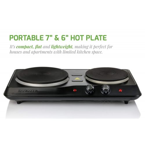  Ovente OVENTE BGS102B Countertop Electric Double Cast-Iron Burner with Adjustable Temperature Control, 7 & 6 Inch, Metal Housing, Indicator Light, Non-Slip Rubber Feet, Black