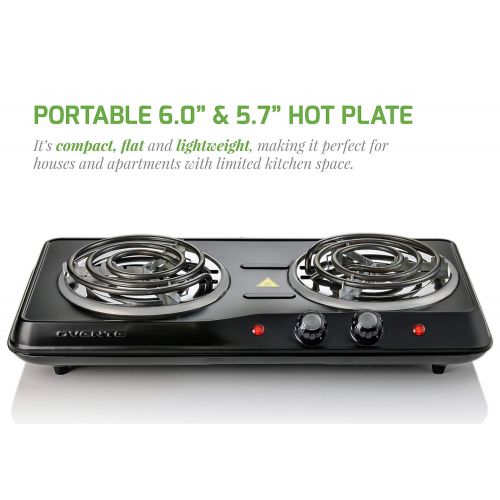  Ovente OVENTE BGC102B Countertop Electric Double Burner with Adjustable Temperature Control, 6.0 & 5.7 Inch, Metal Housing, Indicator Light, Black