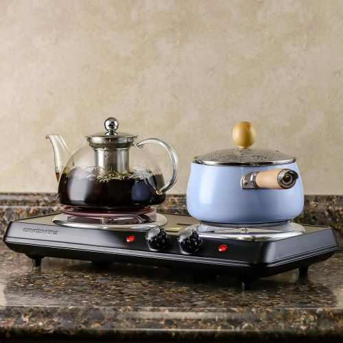  Ovente OVENTE BGC102B Countertop Electric Double Burner with Adjustable Temperature Control, 6.0 & 5.7 Inch, Metal Housing, Indicator Light, Black