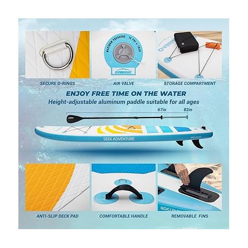  Overmont Inflatable Stand Up Paddle Board with Premium SUP Accessories, 10’6’’ Wide Durable Design, Non-Slip Stable Deck for Youth & Adults of All Skill Levels, Leash Paddle & Pump Included