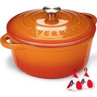 Overmont Enameled Cast Iron Dutch Oven - 5.5QT Pot with Lid Cookbook & Cotton Potholders - Heavy-Duty Cookware for Braising, Stews, Roasting, Bread Baking orange