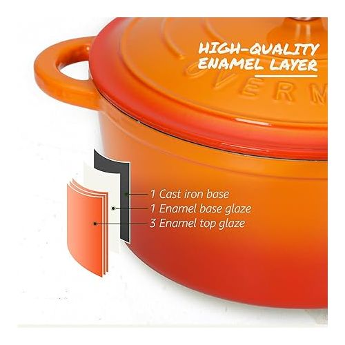  Overmont Enameled Cast Iron Dutch Oven - 5.5QT Pot with Lid Cookbook & Cotton Potholders - Heavy-Duty Cookware for Braising, Stews, Roasting, Bread Baking orange