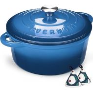 Overmont Enameled Cast Iron Dutch Oven - 5.5QT Pot with Lid Cookbook & Cotton Potholders - Heavy-Duty Cookware for Braising, Stews, Roasting, Bread Baking blue