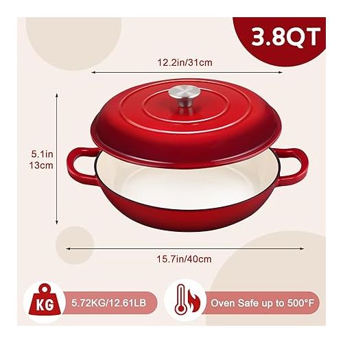 Overmont Enameled Cast Iron Dutch Oven - 3.8 Quart Dutch Oven Pot with Lid - Shallow Cookware Braising Pan - Cast iron Casserole with Cookbook & Heat-resistant Caps - Oven Safe up to 500° F