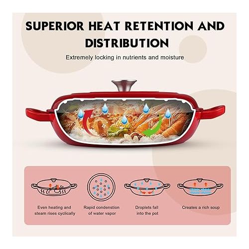  Overmont Enameled Cast Iron Dutch Oven - 3.8 Quart Dutch Oven Pot with Lid - Shallow Cookware Braising Pan - Cast iron Casserole with Cookbook & Heat-resistant Caps - Oven Safe up to 500° F