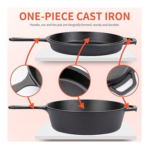  Overmont Cast Iron Dutch Oven with dual use Skillet lid for Oven, Induction, Electric, Grill, Stovetop, (3.2QT Pot, 10.5 inches)