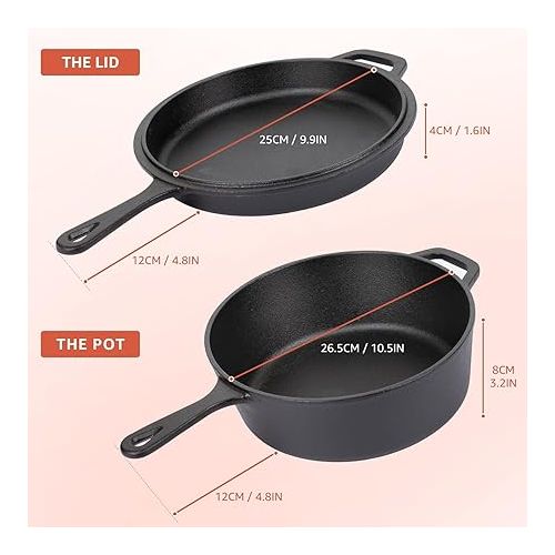  Overmont Cast Iron Dutch Oven with dual use Skillet lid for Oven, Induction, Electric, Grill, Stovetop, (3.2QT Pot, 10.5 inches)