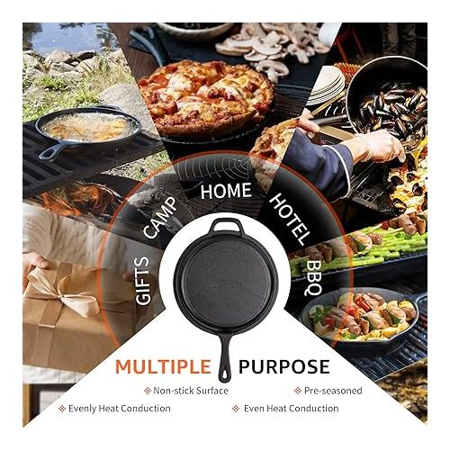  Overmont Cast Iron Dutch Oven with dual use Skillet lid for Oven, Induction, Electric, Grill, Stovetop, (3.2QT Pot, 10.5 inches)